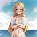  1girl annoyed bikini blonde_hair blue_bikini blush braid breasts cleavage closed_mouth cloud collarbone crossed_arms day facing_viewer fingernails french_braid green_eyes groin hair_ornament hairclip halterneck horizon long_hair looking_to_the_side lowleg lowleg_bikini medium_breasts micro_bikini monbetsu_kuniharu navel ocean outdoors pointy_ears princess_zelda sidelocks sky solo stomach sweat swimsuit the_legend_of_zelda the_legend_of_zelda:_breath_of_the_wild upper_body v-shaped_eyebrows water 