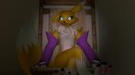  3d_(artwork) anthro artic_boy bandai_namco chair chest_tuft cute_expression cute_eyes digimon digimon_(species) digital_media_(artwork) female fur furniture glowing glowing_eyes hi_res looking_at_viewer multicolored_body multicolored_fur one_ear_up open_mouth raised_tail renamon sitting solo source_filmmaker tuft 