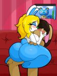  animal_crossing anthro blonde_hair blue_body bodily_fluids bomba_world12 brown_body bubble_butt butt butt_grab crying duo fan_character female filbert_(animal_crossing) francine_(animal_crossing) hair hand_on_butt hi_res kissing lagomorph leporid male male/female mammal nintendo rabbit romantic romantic_couple romantic_sex tears tears_of_joy video_games white_body 