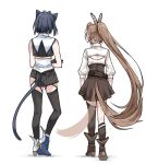  2girls animal_ears asymmetrical_legwear bare_shoulders belt black_gloves blouse blue_hair boots brown_hair cat_ears cat_tail clipe crossed_arms dog_ears dog_tail feather_hair_ornament feathers from_behind gloves hair_ornament hololive hololive_english kemonomimi_mode long_hair multiple_girls nanashi_mumei ouro_kronii ponytail shirt short_hair skirt tail tail_wagging thighhighs uneven_legwear virtual_youtuber 