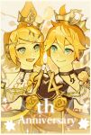  1boy 1girl anniversary bangs bass_clef blonde_hair blue_eyes bow candle choker closed_mouth clothing_cutout crown english_text eyebrows_hidden_by_hair flipped_hair flower hair_between_eyes hair_bow highres kagamine_len kagamine_rin kagamine_rin/len_happy_14th_birthday looking_at_object looking_away nunosei official_alternate_costume open_mouth orange_bow parted_bangs rose shirt short_hair short_ponytail sleeveless sleeveless_shirt smile star_(symbol) star_in_eye stomach_cutout symbol_in_eye treble_clef two-tone_bow upper_body vocaloid white_bow yellow_flower yellow_rose yellow_theme 