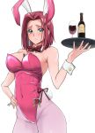  1girl alcohol animal_ears between_breasts blue_eyes bow bowtie breasts code_geass covered_navel cowboy_shot cup detached_collar drinking_glass hand_on_hip highres kallen_stadtfeld large_breasts leotard lighter pantyhose pink_leotard pink_pantyhose playboy_bunny rabbit_ears rabbit_tail red_bow red_bowtie red_hair short_hair simple_background solo tail white_background wine wine_glass wrist_cuffs yoo_tenchi 