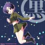  1girl blush boots breasts chrome_dokuro eyepatch full_body katekyo_hitman_reborn! looking_at_viewer midriff momo_tomato navel open_mouth purple_eyes purple_hair short_hair skirt smile solo star_(symbol) weapon 