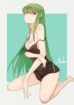  1girl absurdres bangs bare_arms bare_legs barefoot black_dress breasts c.c. cleavage code_geass collarbone dress feet_out_of_frame floating_hair green_hair hair_between_eyes highres inkqaq kneeling long_hair looking_at_viewer medium_breasts parted_lips shiny shiny_hair short_dress sleeveless sleeveless_dress solo straight_hair very_long_hair yellow_eyes 