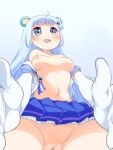  animal_humanoid areola armwear big_breasts blue_eyes blue_hair blush breasts censored clothed clothing elbow_gloves exposed_breasts female first_person_view genitals gloves hair handwear happy hi_res huge_breasts humanoid long_hair mammal mammal_humanoid natsuki_takano navel nipples partially_clothed pussy sanrio show_by_rock!! simple_background solo tsukino_(show_by_rock!!) ursid ursid_humanoid 