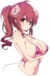  1girl bikini bikini_top_only breasts covered_nipples curled_horns demon_girl demon_horns demon_tail highres horns large_breasts long_hair looking_at_viewer machikado_mazoku mel_(melty_pot) pink_bikini ponytail red_eyes red_hair simple_background solo swimsuit tail underwear white_background yoshida_yuuko_(machikado_mazoku) 