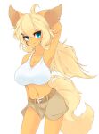  ahoge anthro belt big_breasts biped blonde_hair blue_eyes blush bottomwear breasts cleavage clothed clothing digital_media_(artwork) eeveelution female flareon fluffy fluffy_tail generation_1_pokemon hair kemono kosyo long_hair looking_at_viewer navel nintendo pokemon pokemon_(species) pokemorph ponytail pose shaded shorts simple_background skimpy smile solo solo_focus source_request standing topwear video_games white_background 