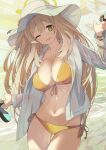  1girl ass_visible_through_thighs bangs bikini blue_archive blush breasts cleavage collarbone flower front-tie_top green_eyes halo hat highres holding large_breasts light_brown_hair long_hair looking_at_viewer momiji_oroshi navel nonomi_(blue_archive) nonomi_(swimsuit)_(blue_archive) open_mouth side-tie_bikini slippers smile solo sun_hat swimsuit thigh_gap white_headwear yellow_bikini 