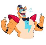  5_fingers anthro black_bow_tie black_top_hat blue_claws blue_eyes bracelet claws clothing double_thumbs_up ear_piercing fangs fingers fist five_nights_at_freddy&#039;s five_nights_at_freddy&#039;s:_security_breach fur gesture glamrock_freddy_(fnaf) hat headgear headwear hi_res javigameboy jewelry looking_at_viewer male mammal musclegut muscular muscular_anthro muscular_male one_eye_closed open_mouth piercing red_tongue scottgames sharp_teeth simple_background slightly_chubby solo spiked_bracelet spikes star tan_body tan_fur teeth thumbs_up tongue top_hat ursid video_games white_background wink winking_at_viewer 
