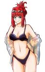  1girl alternate_costume aozaki_aoko ass_visible_through_thighs bikini black_bikini blue_eyes breasts cleavage english_commentary eyewear_on_head folded_ponytail hair_intakes hands_on_hips high-waist_bikini mahou_tsukai_no_yoru medium_breasts navel no_01r off_shoulder red_hair smile solo swimsuit swimsuit_under_clothes thighs white_background 