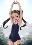  1girl :d armpits arms_up bare_arms bare_shoulders black_hair black_one-piece_swimsuit blue_eyes collarbone commentary_request competition_school_swimsuit cowboy_shot forehead highres long_hair looking_at_viewer one-piece_swimsuit original rohitsuka school_swimsuit signature smile solo standing stretching swimsuit twintails 