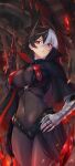  1girl armored_gloves azur_lane bangs black_cape black_capelet black_hair bodystocking breasts bruenhilde_(azur_lane) cape capelet commentary_request covered_navel cowboy_shot hair_between_eyes hand_on_hip highres large_breasts looking_at_viewer multicolored_hair parted_lips polearm red_eyes rigging short_hair sidelocks solo split-color_hair standing two-tone_hair waa!_okami waist_cape weapon white_hair 