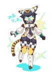  absurd_res anthro black_hair blue_eyes blue_mouth blue_sclera cable_tail claws dia_(world_flipper) felid female fur fusion hair hi_res japanese_text kemono machine mammal metallic_body metallic_hair mia_(world_flipper) on_one_leg open_mouth open_smile pantherine pseudo_hair robot simple_background smile solo sparkles standing striped_body stripes takanabeasami text tiger translated white_background world_flipper yellow_body yellow_fur zipper_pull_tab 