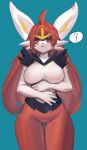  anthro blue_background blush breasts cinderace featureless_breasts featureless_crotch female generation_8_pokemon hair hi_res nintendo pokemon pokemon_(species) pokemorph question_mark red_body red_hair simple_background solo video_games white_body woobin94 