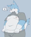  2022 anthro barely_visible_genitalia barely_visible_penis belly big_belly black_nose blue_body blush canid canine clothed clothing clothing_lift genitals hi_res humanoid_hands kemono male mammal moobs musical_note navel nipples overweight overweight_male penis shirt shirt_lift simple_background solo topwear uchimaru white_body 