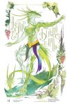  abstract_background anthro art_nouveau arthropod branch clothing costume dragon female food forest fruit grape grass green_body hi_res horn hybrid hynvale insect leaf meyzivabrindal_(hynvale) nature pinup plant pose solo spikes surreal tail_motion tailwag tree typography unique_colors unspecific_species wood 