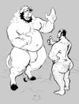  anthro beard belly bodily_fluids body_hair bovid bovine cattle chest_hair clothing compliment duo eyes_closed facial_hair fur gesture hair hat headgear headwear hi_res human humanoid juicestandmango male male/male mammal moobs navel overweight overweight_male thumbs_up underwear 