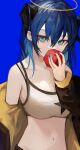  1girl apple arknights bangs bare_shoulders black_jacket blue_background blue_eyes blue_hair blue_nails breasts cleavage collarbone eating food fruit halo highres holding holding_food holding_fruit horns jacket large_breasts lch long_hair long_sleeves mostima_(arknights) nail_polish navel official_alternate_costume open_clothes open_jacket simple_background solo sports_bra stomach upper_body 