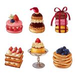  abaoyaonuli blackberry_(fruit) blueberry cream cream_puff food food_focus fruit garnish highres macaron mille-feuille original pancake pancake_stack petals pudding raspberry red_ribbon ribbon rose_petals simple_background still_life strawberry white_background 