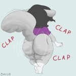  anthro ass_clapping big_butt black_hair bottomless butt chinchilla chinchillid clothed clothing english_text female gloves_(marking) grey_body hair hi_res huge_butt leg_markings mammal markings onomatopoeia rodent secca shirt socks_(marking) solo sonia_(secca) sound_effects text thick_thighs topwear wide_hips 