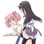  2girls akemi_homura bent_over black_hair black_pantyhose black_skirt blue_eyes blush clothed_sex clothes_lift clothes_pull desk doggystyle grey_shirt grey_sleeves hairband highres implied_futanari indoors kaname_madoka long_hair long_sleeves mahou_shoujo_madoka_magica moaning motion_lines multiple_girls open_mouth pantyhose pantyhose_pull pink_eyes pink_hair plaid plaid_skirt purple_skirt pussy_juice ribbon school_uniform sex shirt skirt skirt_lift sweat thighs torso_grab twintails white_shirt white_sleeves yuuki_akira 