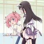  2girls akemi_homura bent_over black_hair black_pantyhose black_skirt blue_eyes blush clothed_sex clothes_lift clothes_pull desk doggystyle grey_shirt grey_sleeves hairband highres implied_futanari indoors kaname_madoka long_hair long_sleeves mahou_shoujo_madoka_magica moaning motion_lines multiple_girls open_mouth pantyhose pantyhose_pull pink_eyes pink_hair plaid plaid_skirt purple_skirt pussy_juice ribbon school_uniform sex shirt skirt skirt_lift sweat thighs torso_grab twintails white_shirt white_sleeves yuuki_akira 