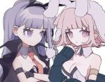  2girls :o animal_ears animal_hood bangs bare_shoulders black_gloves black_jacket blunt_bangs breasts brown_hair cleavage collarbone danganronpa:_trigger_happy_havoc danganronpa_(series) danganronpa_2:_goodbye_despair detached_collar fake_animal_ears gloves grey_background hood hood_up jacket jacket_on_shoulders kirigiri_kyouko long_hair long_sleeves looking_at_another looking_at_viewer manaita_no_sake medium_hair mole mole_on_breast multiple_girls nanami_chiaki necktie official_alternate_costume open_clothes open_jacket orange_necktie pink_eyes pink_hair playboy_bunny rabbit_ears rabbit_hood shiny shiny_hair simple_background white_background 