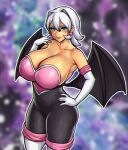  1girl animal_ears bare_shoulders bat_ears bat_girl bat_wings blue_eyes blurry blurry_background boots breasts cleavage collarbone covered_navel curvy dark-skinned_female dark_skin elbow_gloves erkaz gloves hair_between_eyes hand_on_hip heart highres hip_vent humanization knee_boots large_breasts latex leotard looking_at_viewer navel pink_background pose rouge_the_bat solo sonic_(series) strapless thick_thighs thigh_gap thighs white_gloves white_hair wings 