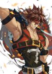 1boy armpits brown_hair clenched_teeth fadingz guilty_gear hair_between_eyes headband highres holding holding_sword holding_weapon looking_at_viewer male_focus muscular muscular_male orange_eyes pixiv_id red_headband short_hair signature smile sol_badguy solo sword teeth weapon 