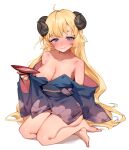  1girl alcohol bare_legs barefoot blonde_hair blue_eyes blue_kimono blush breasts cleavage cup curled_horns hololive horns japanese_clothes kimono kurokiri6630 large_breasts legs long_hair obi sakazuki sake sash sheep_horns simple_background solo tsunomaki_watame virtual_youtuber white_background 