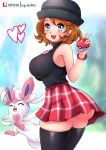  1girl absurdres ass ball breasts brown_hair hat highres holding holding_ball holding_poke_ball large_breasts poke_ball poke_ball_(basic) pokemon pokemon_(anime) pokemon_(creature) pokemon_(game) pokemon_xy serena_(pokemon) short_hair sugarbell sylveon thighhighs 