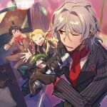  3boys antonio_salieri_(fate) antonio_salieri_(second_ascension)_(fate) ascot black_gloves black_hair blonde_hair blue_eyes breast_pocket closed_eyes coat coat_removed crossed_legs curly_hair disco_ball fate/grand_order fate_(series) formal fujimaru_ritsuka_(male) gloves grey_hair hair_between_eyes hair_intakes half_updo highres holding holding_instrument holding_microphone holding_phone homurahara_academy_school_uniform indoors instrument karaoke long_hair long_sleeves looking_at_another male_focus me_(mikannu) microphone multiple_boys music one_eye_closed open_mouth phone pinstripe_pattern pinstripe_suit pocket red_ascot red_eyes school_uniform short_hair singing sitting smile star_(symbol) striped suit tambourine television wolfgang_amadeus_mozart_(fate) 
