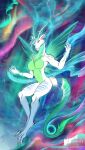  action_pose anthro aurora_borealis blue_body breasts canid canine canis cloudscape deity detailed_background dragon female green_body hi_res horn hybrid hynvale insect_wings jewelry juno_(viktorlyovkin) looking_at_another mammal multicolored_body pinup pose sky smile solo tail_motion tailwag white_body wings wolf 