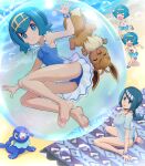  4girls absurdres alternate_costume arm_support barefoot beach beach_towel blue_eyes blue_hair blue_one-piece_swimsuit bracelet breasts bright_pupils bubble character_print closed_mouth commentary_request day eevee freckles frills hairband harper_(pokemon) highres jewelry lana&#039;s_mother_(pokemon) lana_(pokemon) looking_up mother_and_daughter multiple_girls no_sclera one-piece_swimsuit outdoors pink_shirt pokemoa pokemon pokemon_(anime) pokemon_(creature) pokemon_sm_(anime) popplio running sand sandals sarah_(pokemon) shellder shirt shore short_hair siblings sisters sitting sleeveless sleeveless_shirt slowpoke smile soles swimsuit toes towel water white_pupils yellow_hairband yellow_shirt 