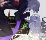  2boys absurdres all_fours antonio_salieri_(fate) antonio_salieri_(second_ascension)_(fate) bags_under_eyes black_gloves blonde_hair cross curly_hair evil_smile fate/grand_order fate_(series) fingernails from_side gloves grey_hair hand_on_another&#039;s_chin highres holding holding_knife kittchi_(kmmr_004) knife long_hair long_sleeves looking_at_another lying male_focus multiple_boys on_back open_mouth pendant_watch pointing_weapon purple_eyes red_eyes sharp_fingernails short_hair simple_background smile very_long_hair weapon white_background wide-eyed wolfgang_amadeus_mozart yaoi 