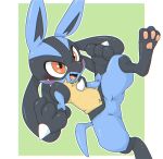  blue_body blue_fur blush doneru fangs fur generation_4_pokemon lucario multicolored_body multicolored_fur nintendo pawpads paws pokemon pokemon_(species) pose raised_leg simple_background smile solo spikes spread_legs spreading video_games yellow_body yellow_fur 