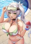  :d bare_shoulders bikini black_choker blush breasts buran_(22x) choker cleavage collarbone commentary_request commission from_above goggles goggles_on_head green_eyes grey_hair hair_ornament highres holding large_breasts long_hair looking_at_viewer looking_up navel open_mouth original outdoors pool shaved_ice side_ponytail skeb_commission smile solo swimsuit white_bikini 