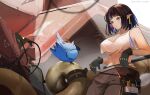  1girl :o absurdres against_railing arknights bare_shoulders black_hair blue_eyes blue_hair bob_cut breasts bright_pupils cleavage colored_inner_hair crop_top ear_piercing eunectes_(arknights) gloves high_priest_(arknights) highres large_breasts looking_at_another medium_hair midriff multicolored_hair no_bra open_mouth pants piercing pointy_ears railing shilonagas shirt snake_tail tail tool_belt torn_clothes torn_shirt twitter_username two-tone_hair underboob white_shirt 
