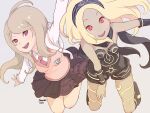  2girls akamatsu_kaede black_scarf blonde_hair breasts commentary_request crossover danganronpa_(series) danganronpa_v3:_killing_harmony dark-skinned_female dark_skin full_body gravity_daze hair_ornament hairband kitten_(gravity_daze) long_hair looking_at_viewer multiple_girls musical_note musical_note_hair_ornament necktie open_mouth pleated_skirt saitou_shunsuke scarf school_uniform simple_background skirt smile strapless sweater_vest vambraces 