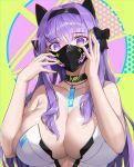  1girl animal_ears bangs bare_arms bare_shoulders black_bow black_choker black_hairband bow breasts choker cleavage collarbone fake_animal_ears fingernails glint green_nails hair_bow hairband jewelry large_breasts long_fingernails long_hair looking_at_viewer mask mouth_mask multicolored_background necklace original purple_eyes purple_hair solo strapless upper_body wookyung 
