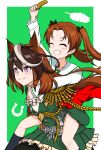  2girls aiguillette animal_ears arm_up ascot bangs black_bow bow brown_hair cape carrying commentary crossover earrings epaulettes food girls_und_panzer gold_trim green_skirt ground_vehicle hachiko_(kota091986) hair_bow highres holding holding_food horseshoe jagdpanzer_38(t) jewelry kadotani_anzu long_hair long_sleeves military military_vehicle motor_vehicle multicolored_hair multiple_girls ooarai_school_uniform parted_bangs piggyback pleated_skirt purple_eyes red_cape sailor_collar school_uniform serafuku shirt silhouette single_epaulette skirt streaked_hair symboli_rudolf_(umamusume) tank twintails umamusume white_ascot white_hair white_sailor_collar white_shirt 