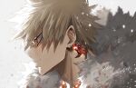  1boy absurdres artist_name bakugou_katsuki bangs bead_necklace beads blonde_hair boku_no_hero_academia earrings from_side fur_trim glowing grey_background highres jewelry mkm_(mkm_storage) necklace profile short_hair simple_background solo spiked_hair 