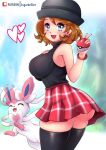  1girl ass ball breasts brown_hair hat holding holding_ball holding_poke_ball large_breasts poke_ball poke_ball_(basic) pokemon pokemon_(anime) pokemon_(creature) pokemon_(game) pokemon_xy serena_(pokemon) short_hair sugarbell sylveon thighhighs 