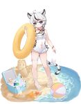  1girl absurdres animal_ear_fluff animal_ears bare_shoulders beach beach_volleyball black_hair blue_eyes can cat_ears cat_girl cat_tail clothing_cutout full_body highres innertube jinfengkaze leg_ribbon multicolored_hair navel navel_cutout original refrigerator ribbon sand sand_castle sand_sculpture sandals soda_can starfish streaked_hair striped_tail swimsuit tail tail_ornament tail_ribbon thigh_ribbon water white_hair white_one-piece_swimsuit 