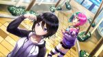  2girls bangs black_hair black_shorts blunt_bangs bob_cut breasts copyright dolphin_wave dutch_angle game_cg green_hair helly_lewis highres hood hooded_sweater large_breasts multicolored_hair multiple_girls official_art open_mouth pink_hair purple_eyes short_hair shorts striped striped_thighhighs suminoe_shion sweater thighhighs two-tone_hair yellow_eyes 