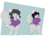  anthro big_breasts black_hair bottomwear breasts chinchilla chinchillid clothing english_text female gloves_(marking) green_eyes grey_body hair hi_res huge_breasts huge_thighs leg_markings looking_at_viewer mammal markings rodent secca shirt shorts smile socks_(marking) solo sonia_(secca) text thick_thighs topwear 