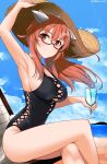  1girl absurdres animal_ears arm_up armpits beach beach_chair black_one-piece_swimsuit breasts cleavage crossed_legs drink drinking_straw glasses hair_ribbon hat highres hiroshi_(hunter-of-kct) long_hair luminous_witches orange_eyes orange_hair ponytail ribbon sheep_ears sheep_tail solo swimsuit sylvie_cariello tail world_witches_series 