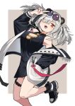  1girl absurdres arknights breasts china_dress chinese_clothes cleavage_cutout clothing_cutout dress evolvingmonkey eyewear_on_head fang feater_(arknights) grey_hair hair_over_one_eye hand_in_pocket highres jacket large_breasts orange_eyes sunglasses twintails v 