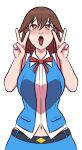  1girl absurdres ahegao belt blue_skirt blue_vest blush breasts brown_eyes brown_hair double_v hair_ornament hairclip heart heart-shaped_pupils highres hololive holykoshi large_breasts long_hair navel open_mouth skirt solo symbol-shaped_pupils tokino_sora tongue tongue_out upper_body v vest white_background 