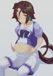  1girl akinonohara animal_ears bangs big_belly bow bowtie brown_eyes brown_hair closed_mouth grey_background hair_over_one_eye highres horse_ears horse_girl horse_tail long_hair looking_at_viewer navel ponytail purple_bow purple_bowtie purple_shirt sailor_collar school_uniform shirt short_sleeves sitting skirt solo tail thighhighs tracen_school_uniform umamusume vodka_(umamusume) white_skirt white_thighhighs 
